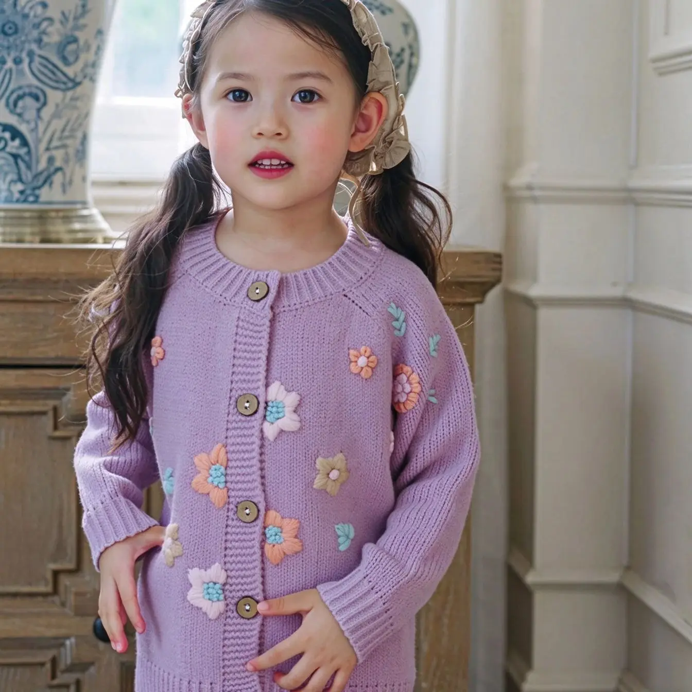 New 2026 Autumn Winter Girls' Baby Hand Embroidered Floral Pink-Purple Knit Cardigan, Coconut Button Crew Neck Versatile Coat