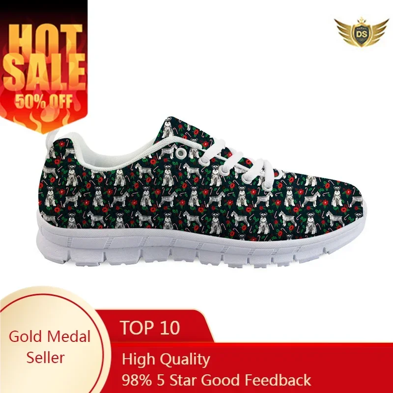 

New Women Sneakers Schnauzer Printing Students Casual Lace Up Light Mesh Shoes Girls Non-slip Sport Shoes Large-sized Flats