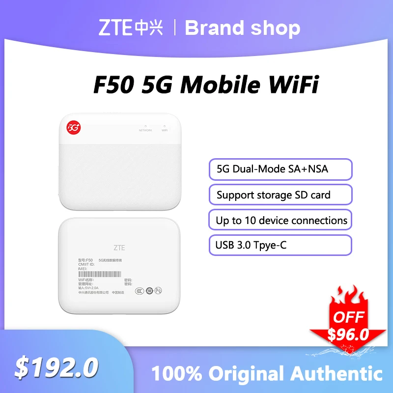 

Original ZTE F50 5G MiFi Network Signal Repeater Sub-6 SA/NSA Outdoor Hotspot Pocket DL1.6Gb/s UL 225Mb/s WiFi Sim Card Modem