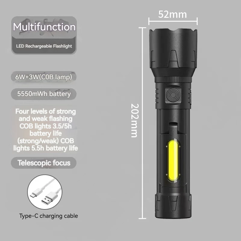 Type-c Rechargeable Led Flashlight High Power Flashlight With COB Work Light Zoomable Led Flashlight Waterproof Torch light