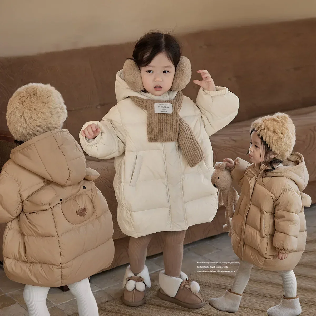 

2025 New Style Girls' Cartoon Bear Down Cotton Jacket - Thick Stylish Winter Warm Coat for Baby Girls