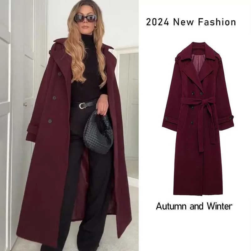 Fashion Burgundy Overcoat Women's Woolen Coat Lapel Double Breasted Long Sleeve Give Belt Chic British Style OfficeLady Outwear