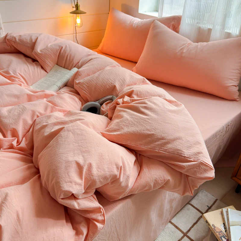 4pcs 100% Cotton Yarn Dyed Striped Washed Bedding Set Minimal Style Duvet Cover Fitted Sheet Pillowcases Bedroom Home Decor