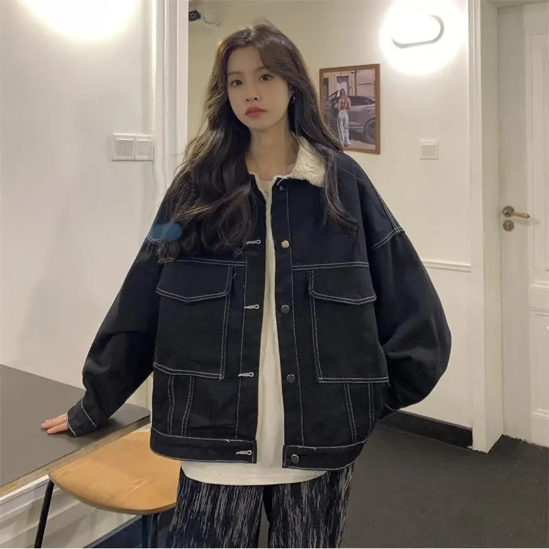 

Denim Coat For Women Long Fur Plush Womens Autumn Regular-Fit Patchwork Elegant Preppy Style Daily Office Jackets Distressed New