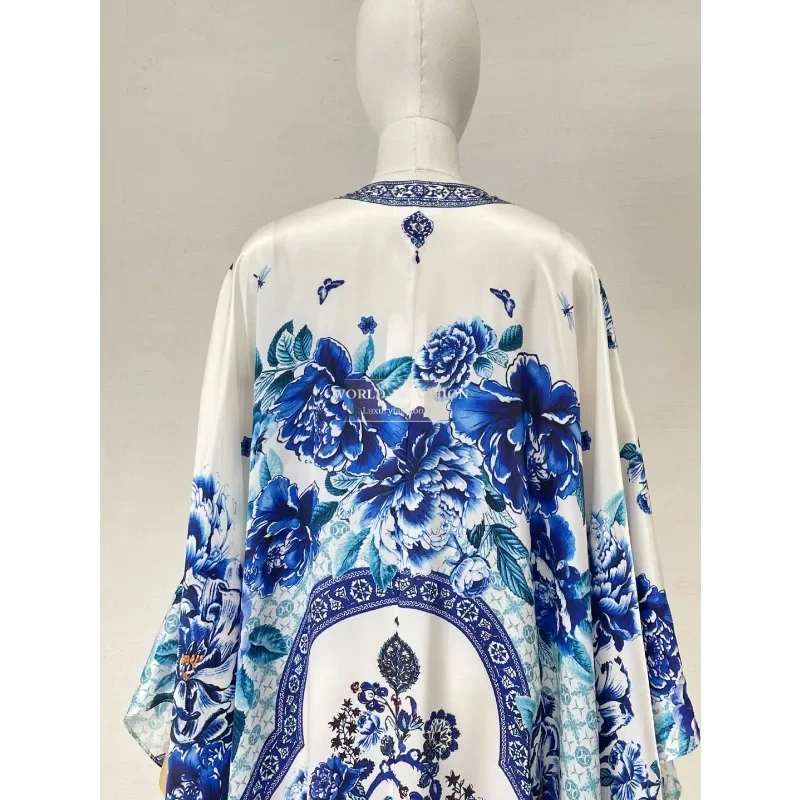 

Blue Rose Floral Print Long Sleeve Midi Dress 2025 Silk Loose Style