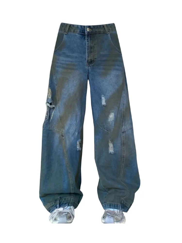 

2023 Blue Casual Denim Wide Leg Pants High Waist Fashion Full Length Jeans Ripped Hole Trousers Korean Grunge American Vintage