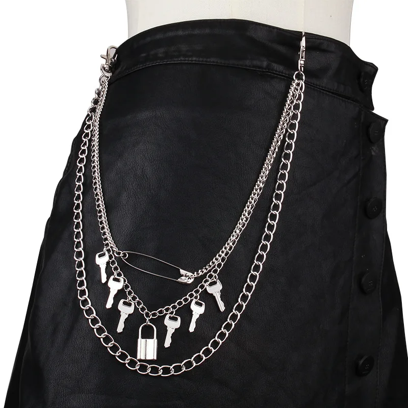 Gothic Street Double Layer Pants Chain,Silver Stainless Steel Padlock key Jean Chain,  Sword Charm Punk Wallet Chain