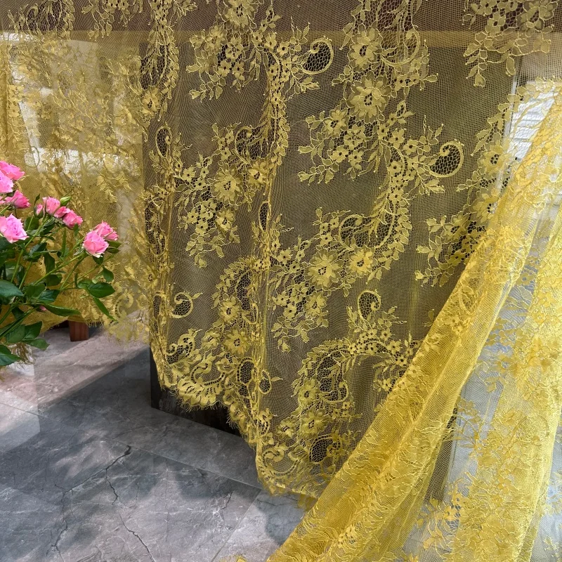 X1139 Golden French Eyelash Lace Fabric Curled Grass Pattern Gorgeous Evening Dress Stage Dress Fabric