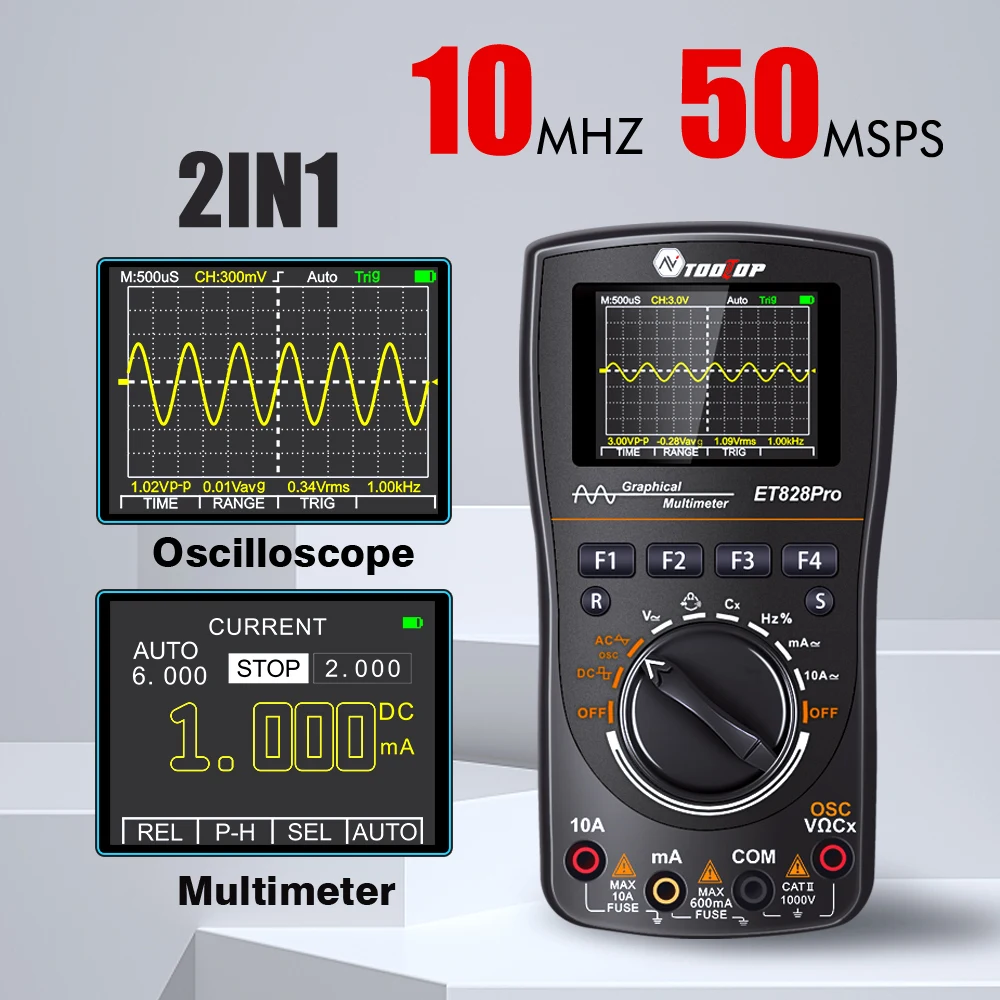 TOOLTOP ET828Pro 10MHz Handheld Digital Oscilloscope 50Msps Automatic True RMS Multimeter AC 565V High Voltage Oscilloscope