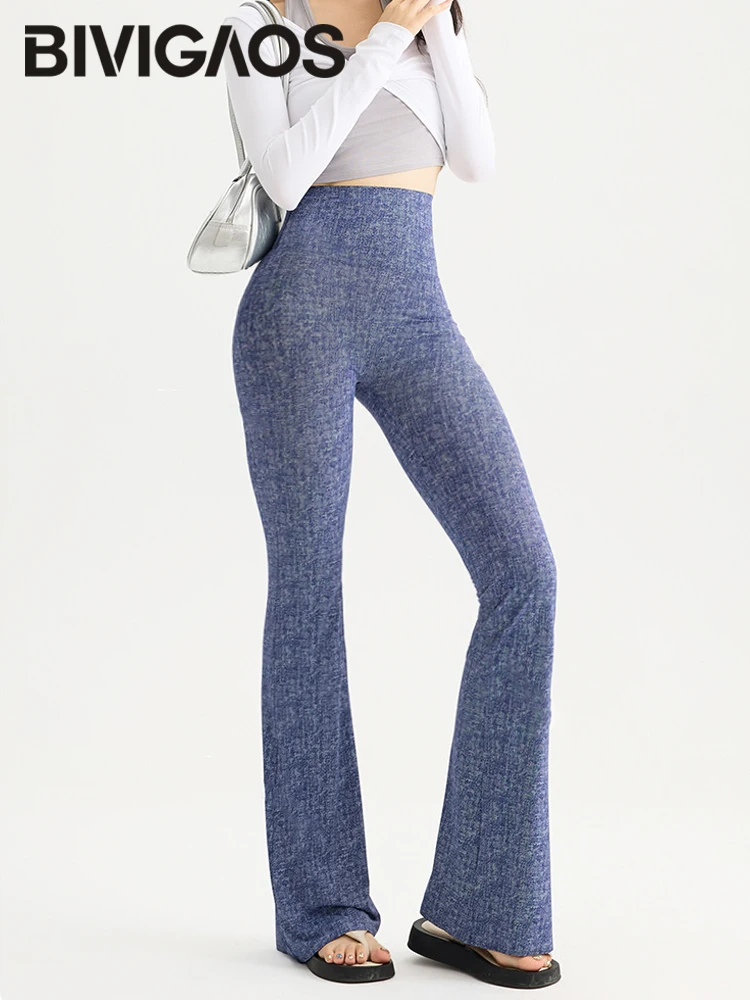 BIVIGAOS Spring Summer Imitation Jeans Sharkskin Flared Leggings Women High Waist Elastic Tight Yoga Sport Fitness Flared Pants