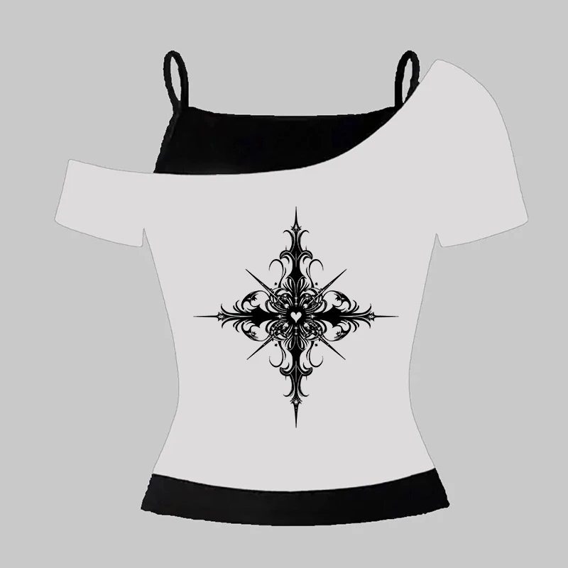 شيك Y2K جماليات ريترو الشارع الشهير المحملة Harajuku الشرير عادية سليم الاتجاه المحاصيل الأعلى القوطية الهيب هوب مثير قصيرة الأكمام المرأة تي شيرت