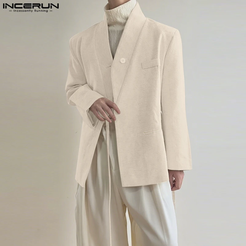 

INCERUN Мужской пиджак однотонный с v-образным вырезом и длинным рукавом повседневный мужской костюм уличная одежда на шнуровке свободный модный пиджак тонкие пальто мужские S-5XL