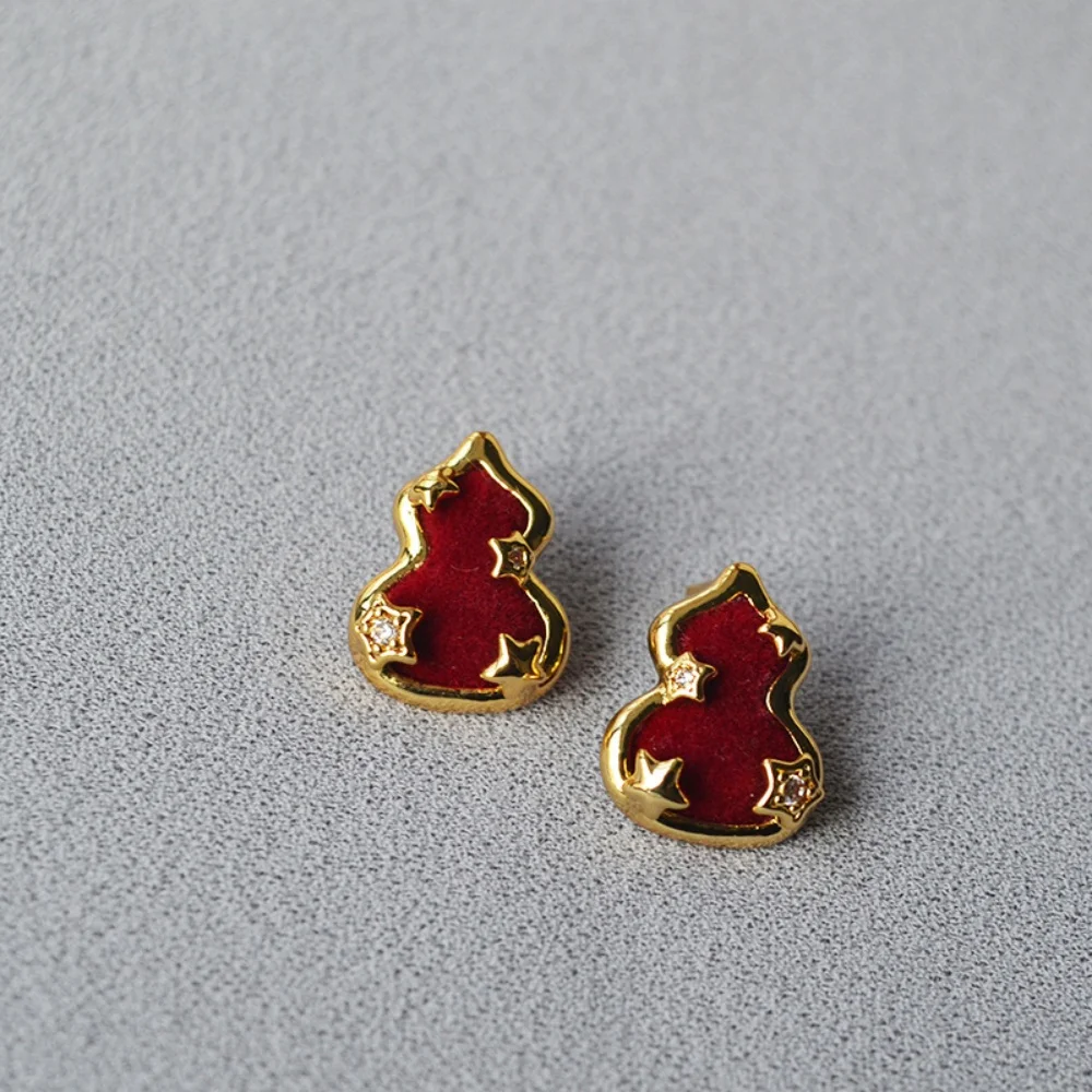 Chinese Niche Design Earring New Year Festive Red Flocked Star Gourd Stud Earrings 925 Silver Needle Jewelry for Women