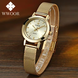 Relogio Feminino WWOOR marka kobiety zegarek moda damska zegarki kwarcowe bransoletka wodoodporna prosta złota siatka luksusowe zegarki damskie