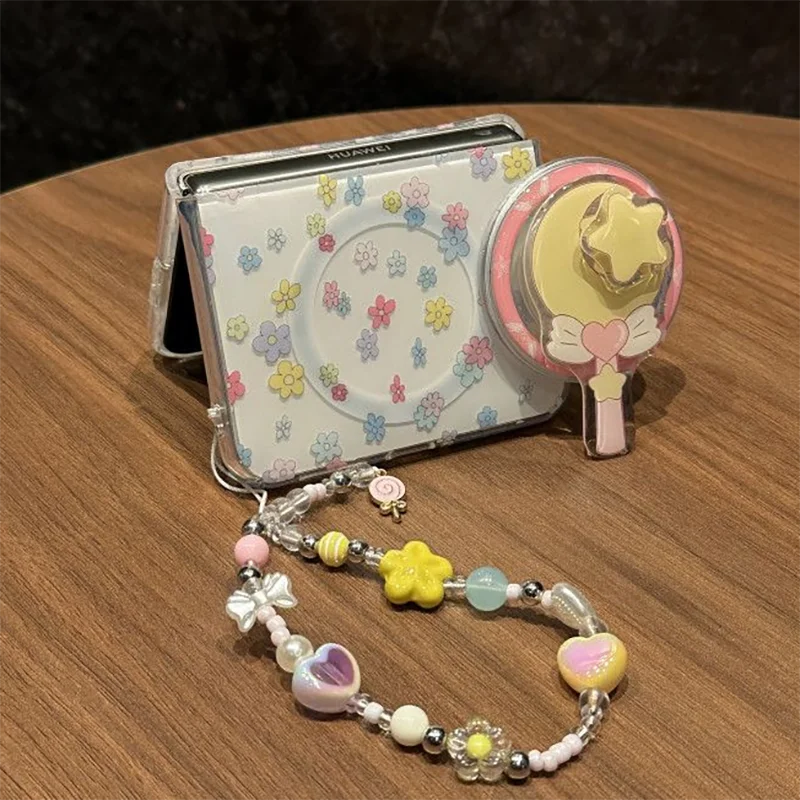 Magnetic Magic Wand Stand Clear Phone Case For Samsung Z Flip7 Z Flip6 Z Flip5/Mix Flip/Magic V Flip2 Cute Floral Acrylic Cover