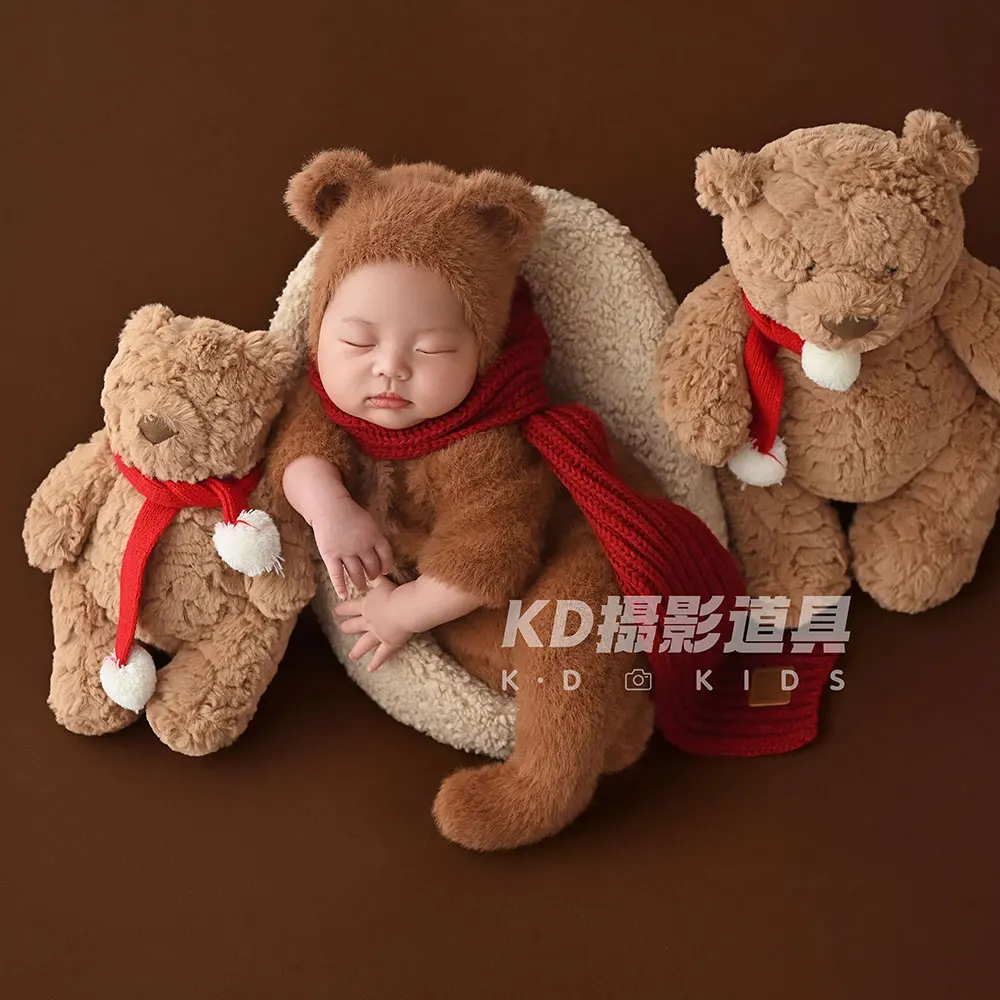 Perlengkapan Fotografi Bayi Baru Lahir 0-1 Bulan, Pakaian Rajut Gaya Boneka Beruang dengan Topi Senada dan 6 Boneka Beruang Romper Berkaki