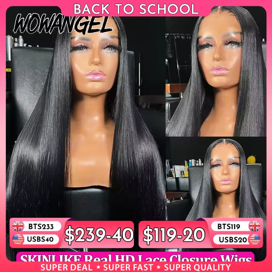 Wow Angel 36 Zoll tiefschwarze leimlose Perücken 5x5 HD-Echthaarperücken mit Spitzenverschluss, vorgezupft, gerade, gebrauchsfertig, Perücken für Frauen