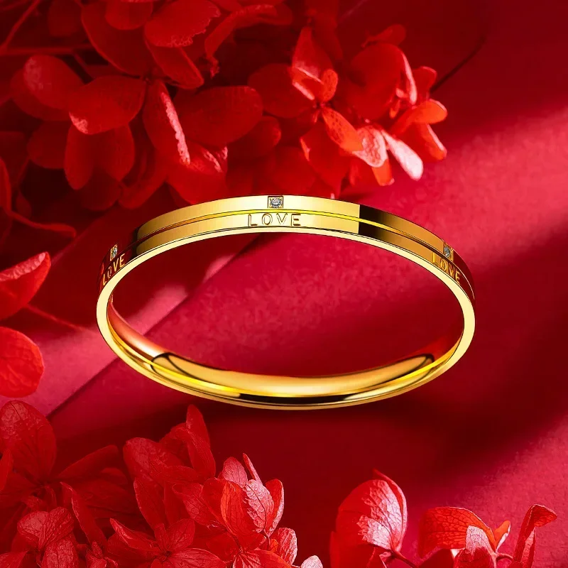

9999 Real Gold 24K Yellow European and American Fashion Design Zircon Love English Bracelet with Diamond Plain Ring