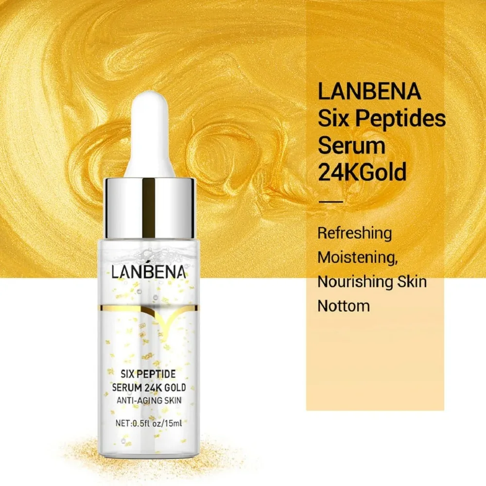 LANBENA 24k Gold Six Peptides Face Essence Anti-wrinkle Shrink Pore Whitening Moisturizing Hyaluronic Acid Fade Fine Line Serum