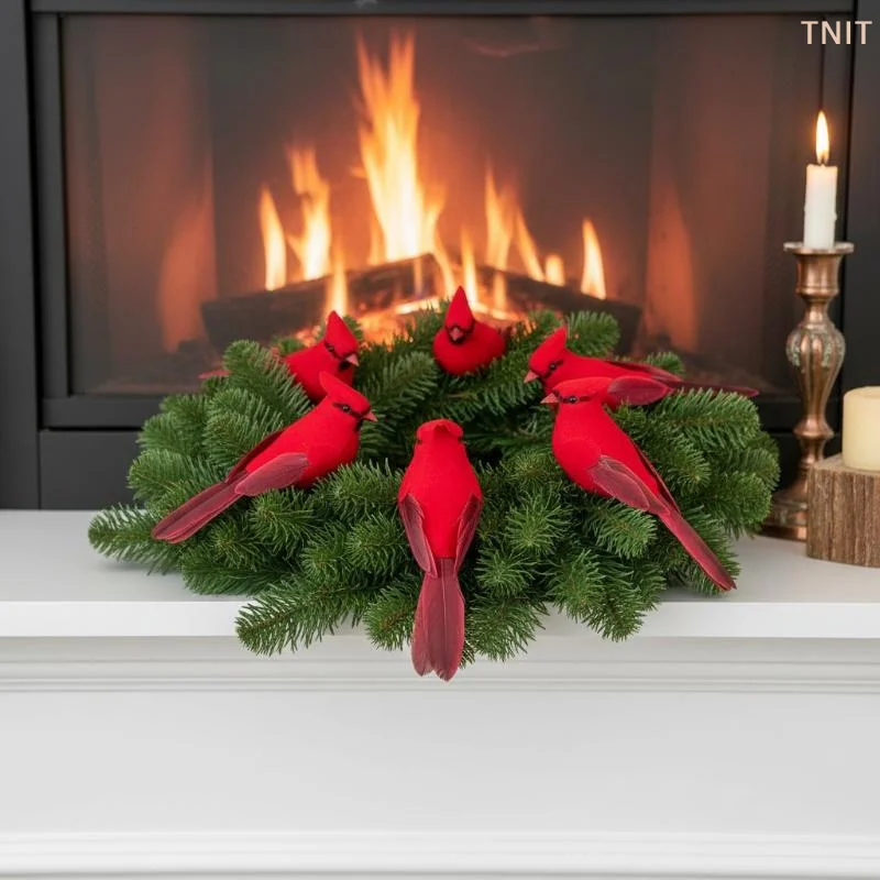 [J] Simulation Feather Birds Handicraft Red Birds Figurines Garden Lawn With Clips For Tree Decor Christmas Home Decoration