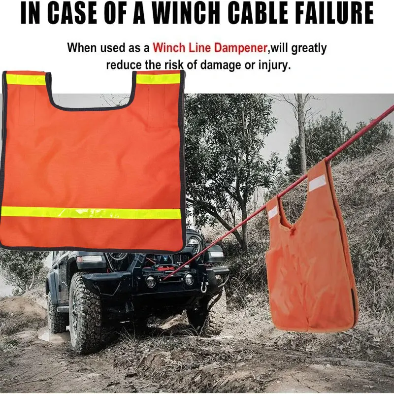 Winch Rope Dampener Blanket Cable Damper Cushion with Pocket Reflective Strips Heavy Duty Car Off-Road Safety Recovery Blanket