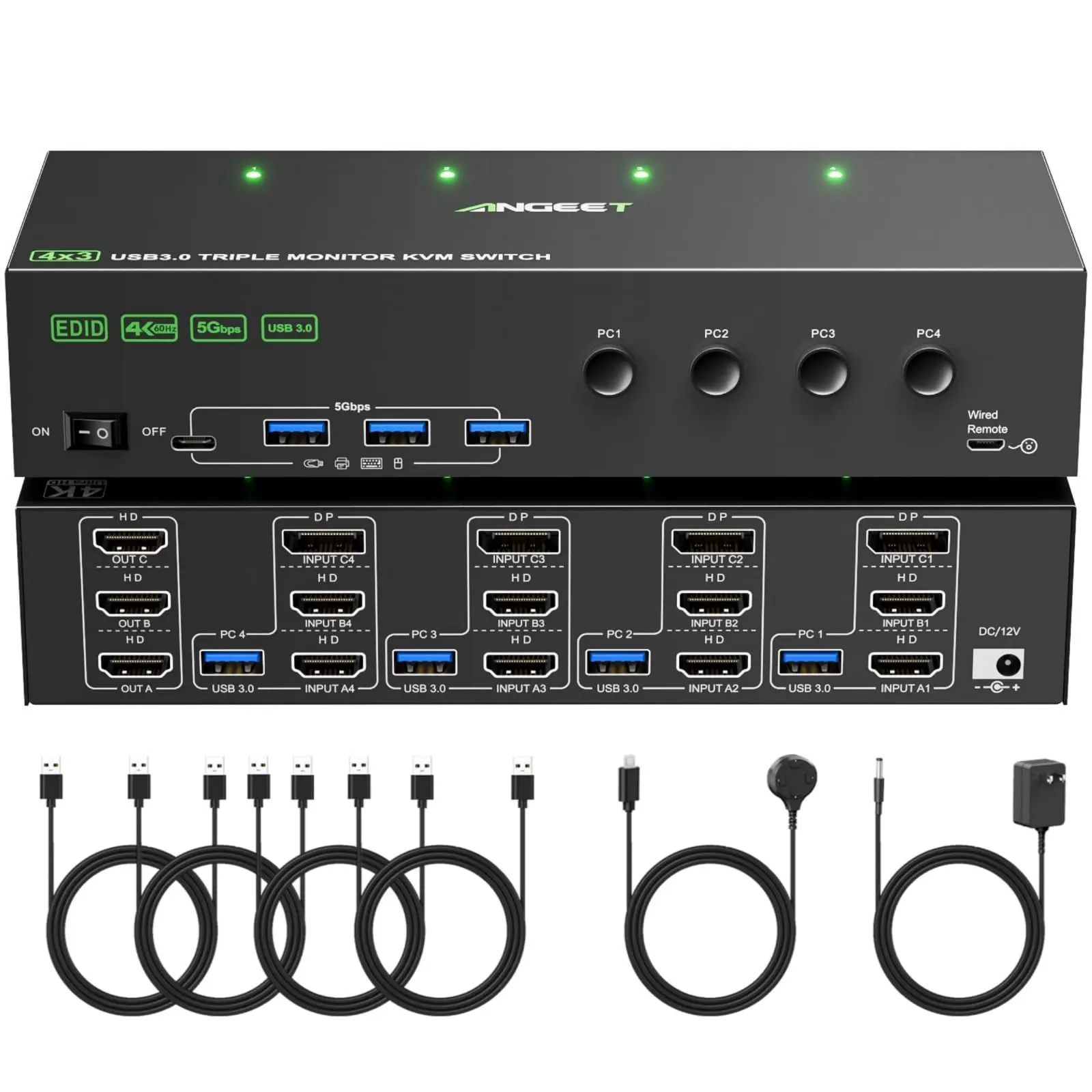 HDMI Displayport KVM Switch 3 Monitors 4 Computers 4K@60Hz,EDID Simulation,USB 3.0 KVM Switch Triple Monitor for Keyboard Mouse