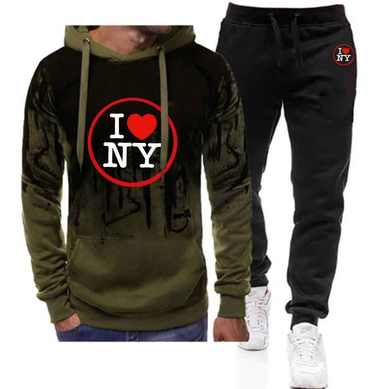 I love New York Logo Print Spring And Autumn 2025 Men's Anti Collision Shirt Designer Handsome Hoodies Pants Sports Suits
