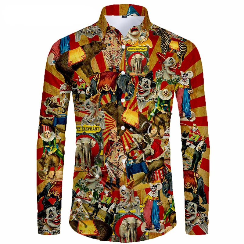 

Hawaiian New Style 3D Printed Circus Clown Shirt Men Funny Long Sleeve Spring Autumn Tops Casual Social Clothes Man Clothing Top