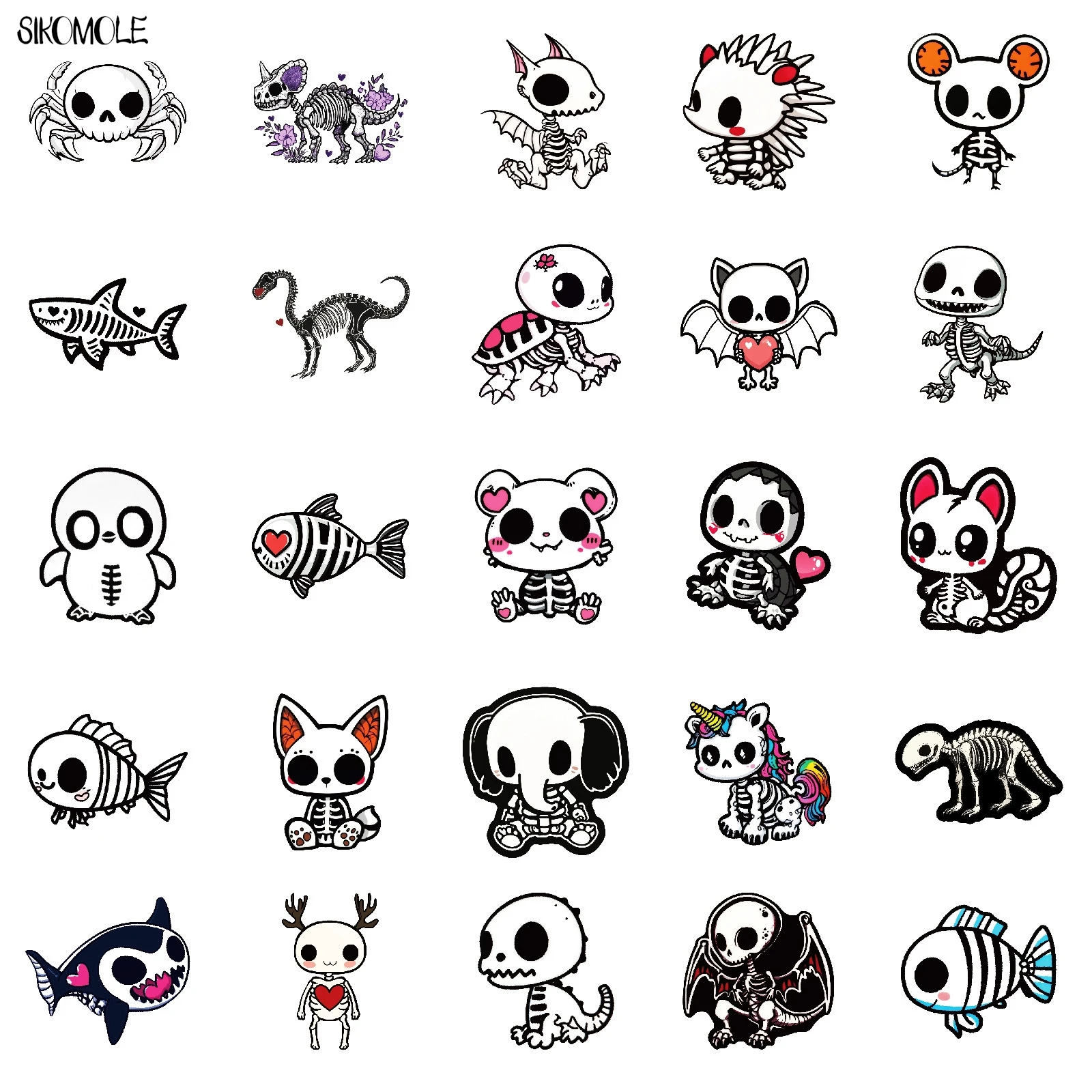 10/30/50 PIÈCES Mignon Dessin Animé Animaux Squelette Crâne Autocollants Esthétique Autocollant Ordinateur Portable Téléphone Bagages Scrapbook Voiture Graffiti Autocollant