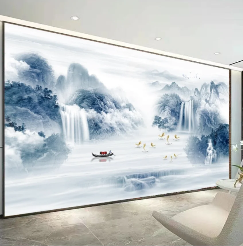 Custom photo Mural Marble pattern artistic conception mist birds forest background walls home decoration living room Wallpaper