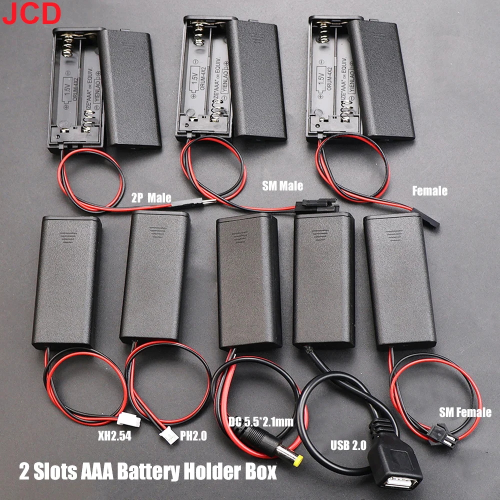 JCD 2 Slots Battery Storage Case AAA Battery Holder Box With Switch & Cover & PH2.0 XH2.54 DC5.5X2.1 USB2.0 Terminal Wire