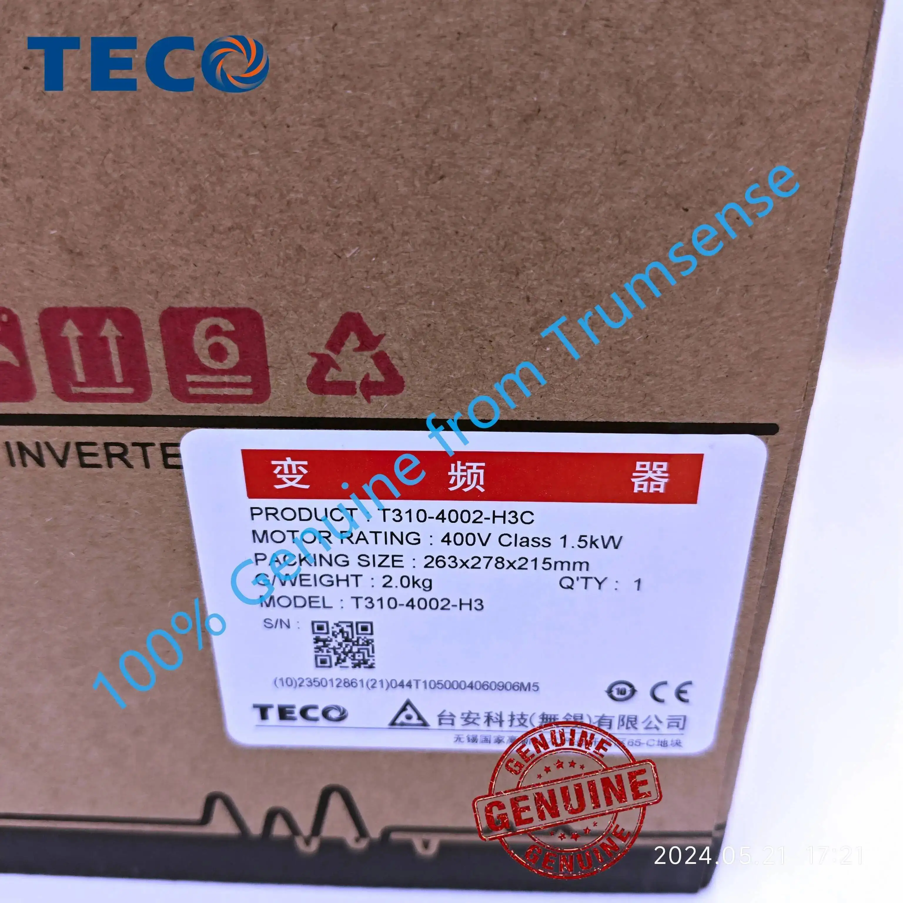 100% Genuine TECO 3 Phase Inverter 1.5 Kw 2HP T310-4002-H3C 380 to 440V 4.6A Input 0 to 440V 4.2A Output Frequency Converter