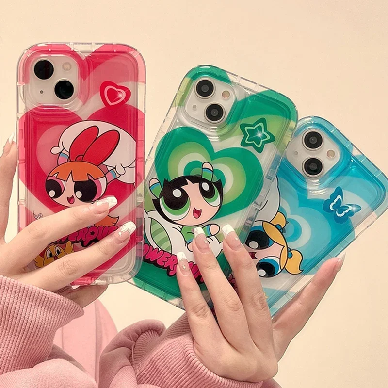 Clear Phone Case for iPhone 15 14 13 12 11 Pro Max XR XS X 8 7 6 6S Plus SE 2020 Cartoon P-Powerpuff Girls Shockproof Back Cover