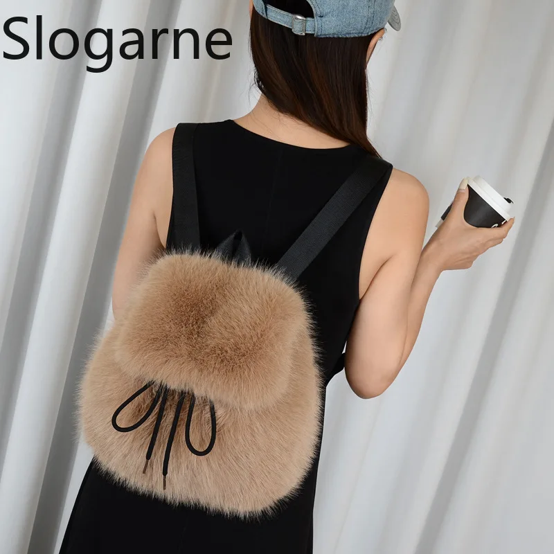 المرأة فو الثعلب الفراء على ظهره الشتاء رقيق حقيبة كتف طالب عادية الرباط المغناطيسي رفرف موضة حقائب السفر المدرسية #1