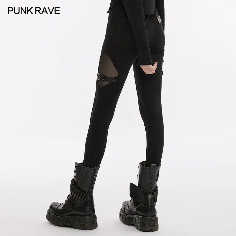 Punk Rave Frauen Punk Samt Spleißen Stretch Mesh Leggings Kunstleder dünne schwarze Bleistift hose Frühling & Herbst