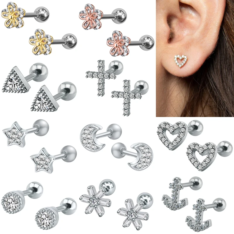 AOEDEJ Moon Flower Studs Earring Crystal Earring Women Zircon Heart Star Ear Studs Gift  Ear Piercing Jewelry Girls Earring Cute