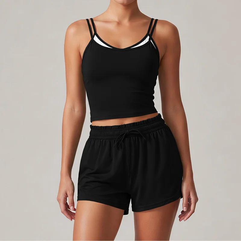 SVETLIN Women Yoga Outfit Sheer Camisole Top Athletic Shorts Set Fitness Running Tennis Training Pilate Workout Sports Wear Set