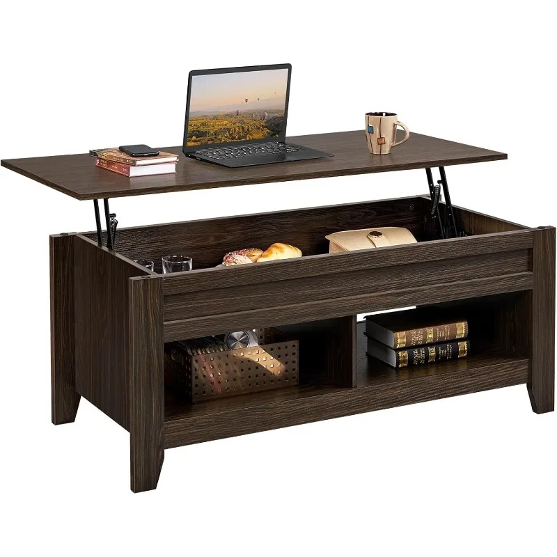 

Lift Top Coffee Table with Hidden Storage Compartment & 2 Open Shelves, Rising Tabletop Pop Up Center Table