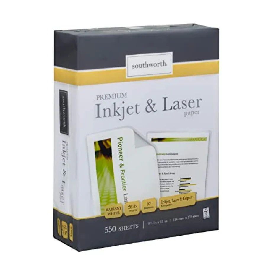

Inkjet and Laser Printer Paper, 8.5" x 11", 28 lb., Radiant White, 550 Sheets 91723-01