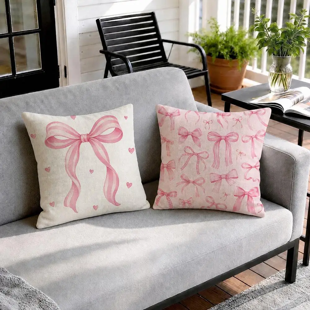 Pink Bow Cherry Cushion Cover Natural Linen Organic Fabric Double-Sided Printing Sofa Home Decor Gift Pillow Cover