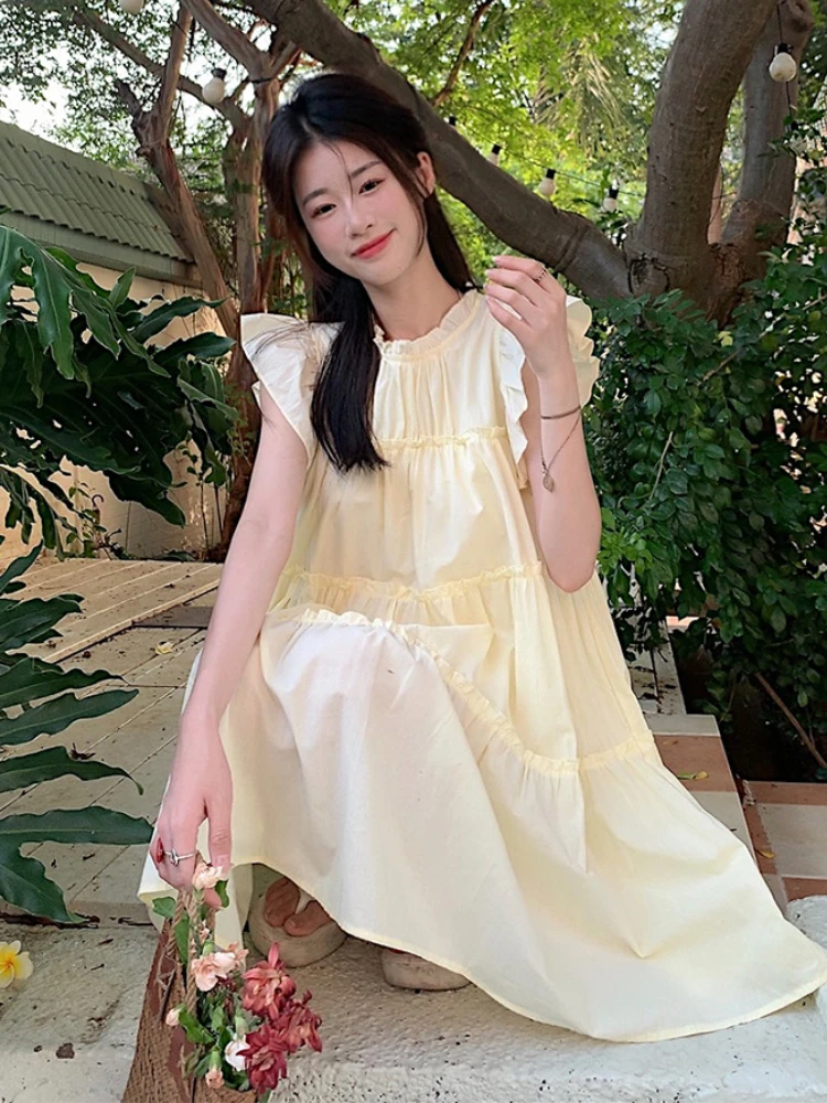 Sweet Tender Flying Sleeve Dresses Women Summer Loose Preppy Style Casual Simple Korean Fashion All-match Streetwear Kawaii Chic