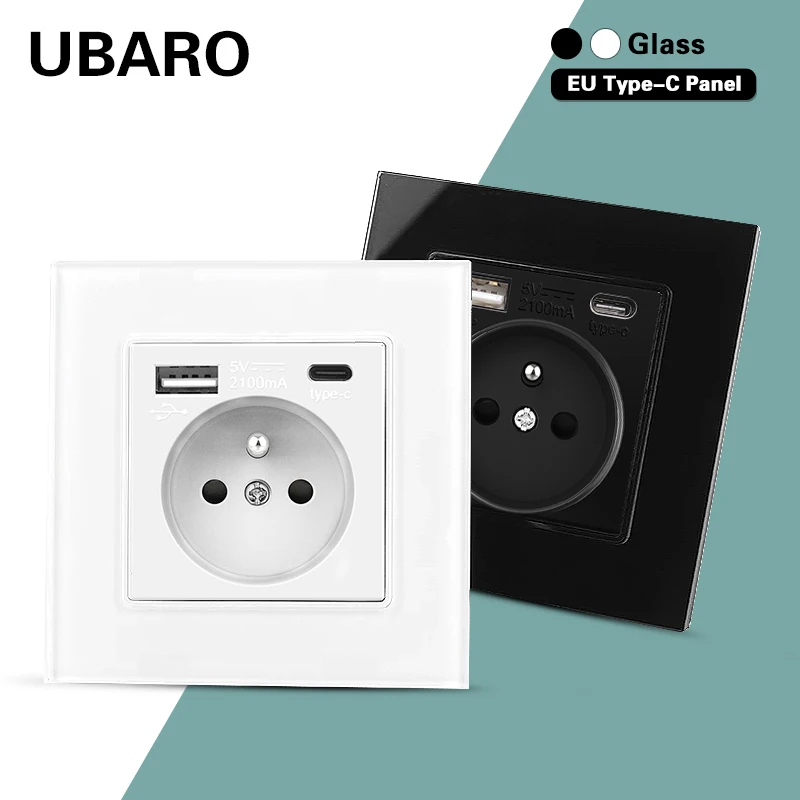 UBARO France Standard  Home Outlet With USB Type C Electrical Plug White Tempered Glass Panel Single Wall Socket 110-250V 16A