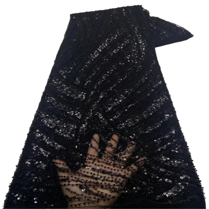 Heavy Black Sequins Lace Fabric With Bead Sequins For Bridal Dress Luxury Evening Dress French Lace 5 yards