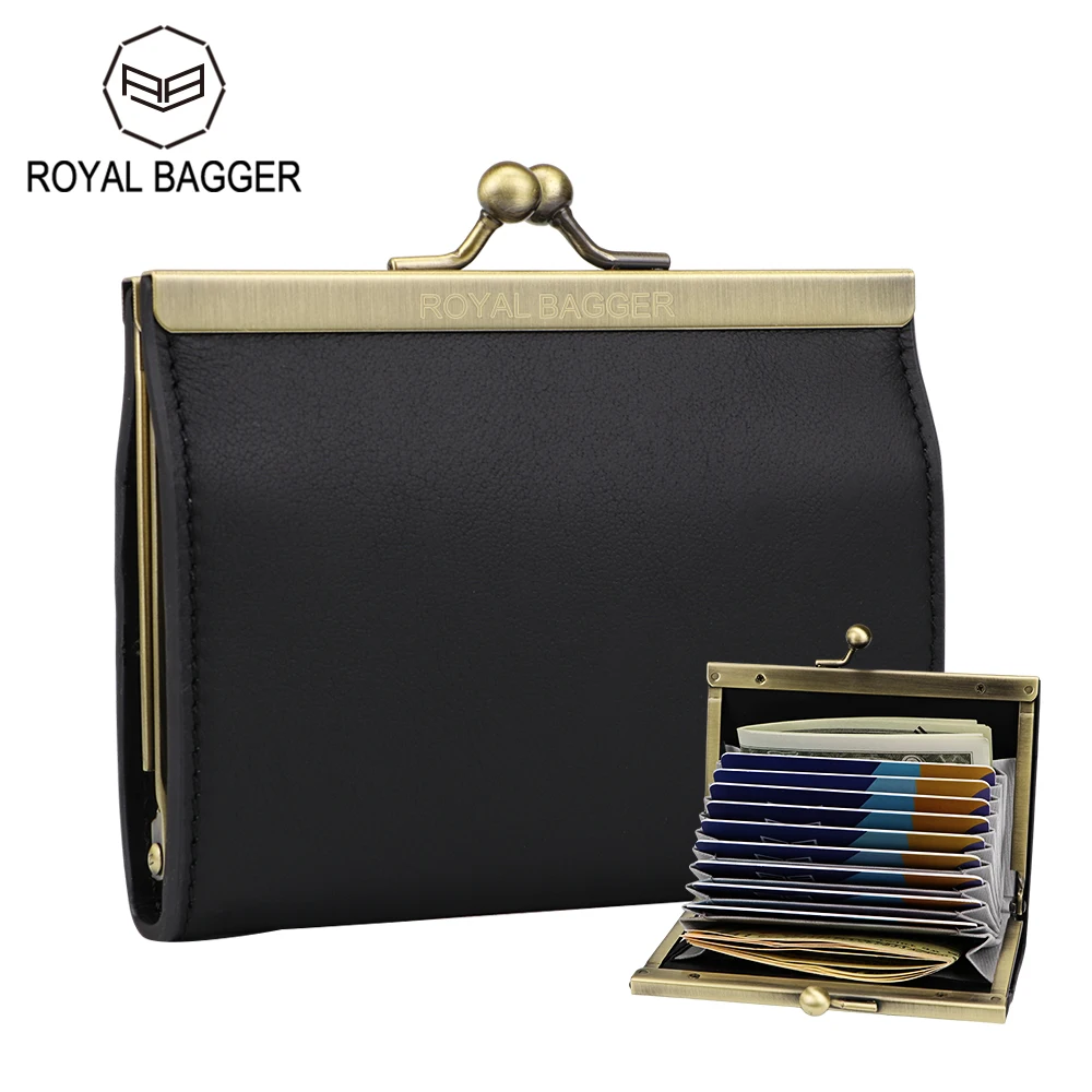 

Royal Bagger Vintage Organ Card Holder for Women Genuine Cow Leather Retro Coin Purses Simple Kiss Lock Wallet Purse 1483