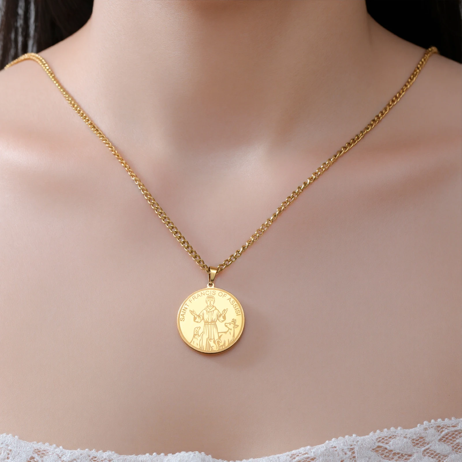 LIKGREAT St Francis Medal Necklace for Men Women Dog Blessing Protection Catholic Saint Religious Stainless Steel Jewelry Gifts
