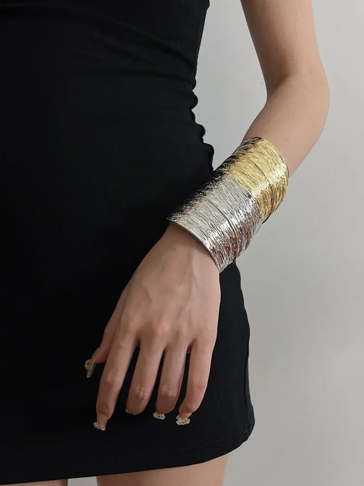 Vintage Irregular Metal Texture Wide Open Bracelets Bangles For Women Gold-plated Exaggerated Chunky Adjustable Jewelry