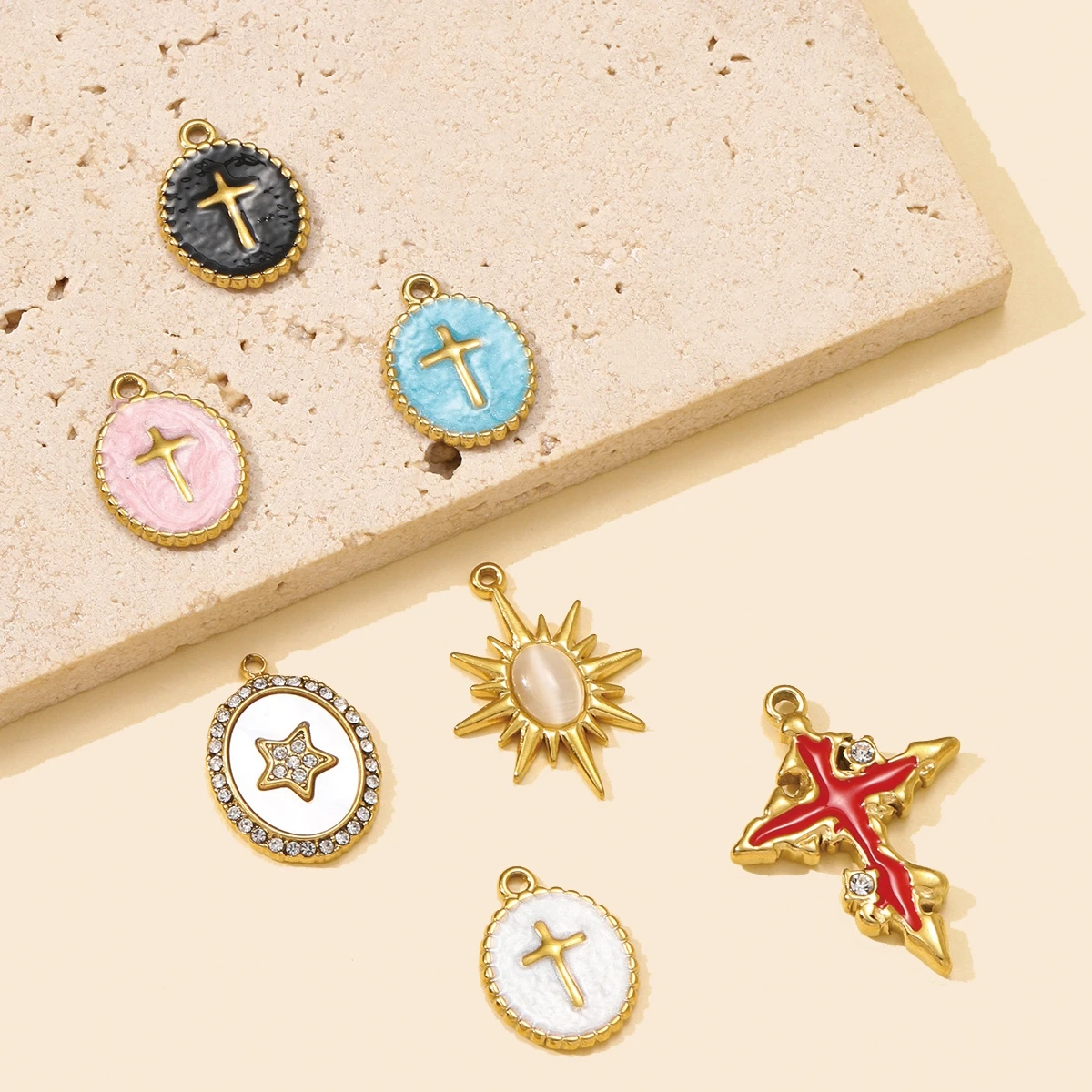 3Pcs/Lot Stainless Steel Enamel Pendants Sun Star CrossCharms For DIY Fashion Jewelry Making Earring Accessory Wholesale