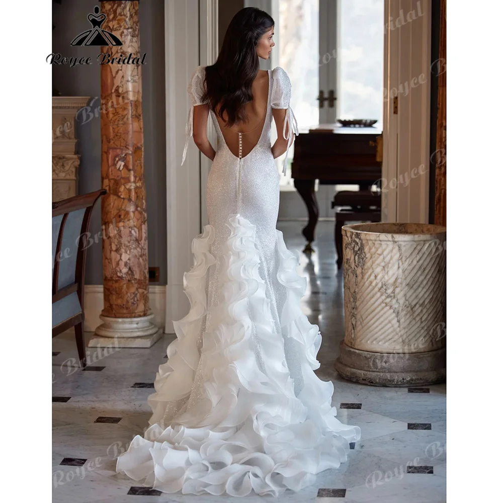 20227 Puff Short Sleeve Deep V Glitter Mermaid Wedding Dress Low Open Back Big Ruffle Tulle Luxury Fitted Bridal Gown Customized