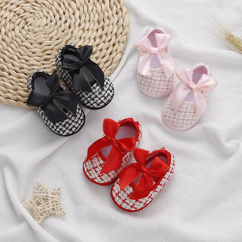 Lovely Bow Princess Baby Shoes Soft Bottom Anti-slip Infant Soled Newborn First Walkers Lattice Pattern Toddler Cotton Shoes