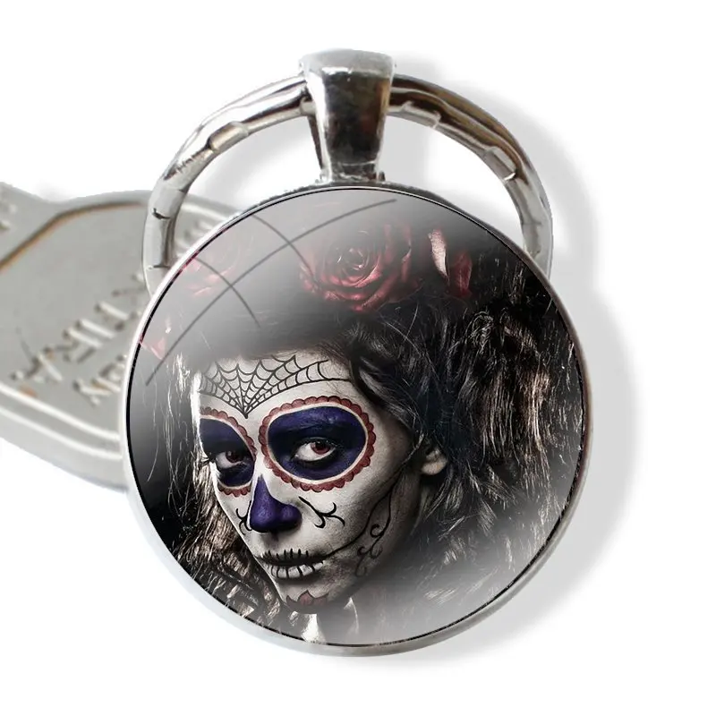 Keychain Handmade Glass Cabochon Key Ring Holder Pendant Key Chains Catrina beautiful rose girl Skull